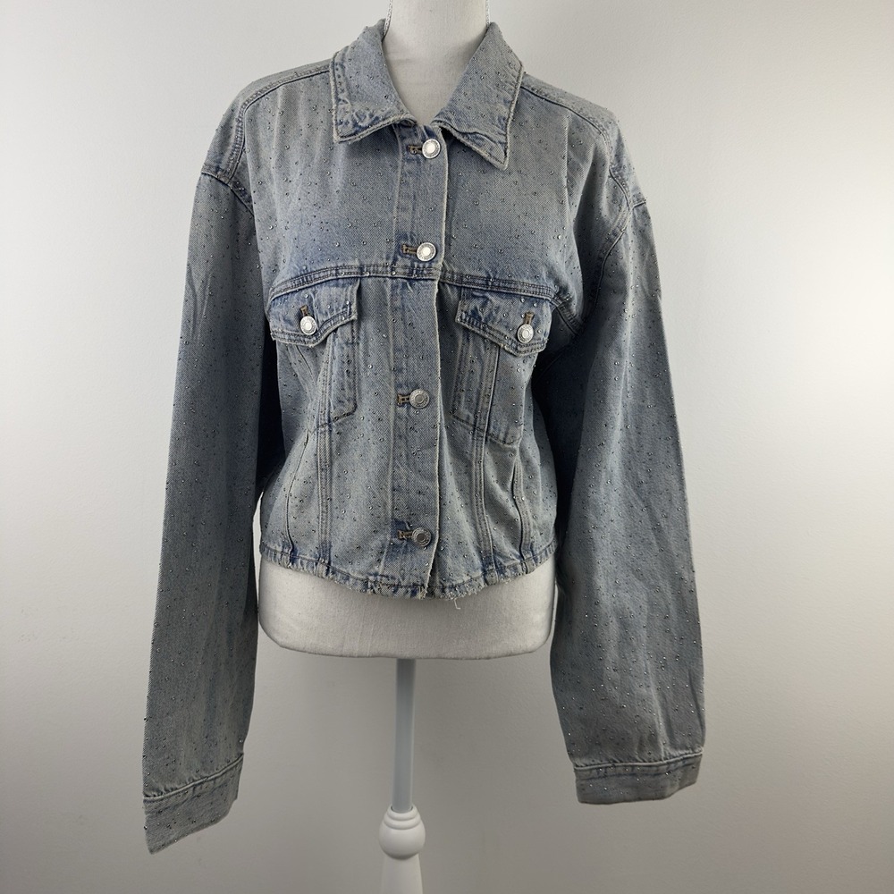 ZARA Women's Denim Jacket XXL Blue Studded Rhinestone Embellished NWT - Picture 1 of 12